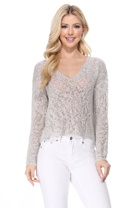 Yemak Women's Long Sleeve V-Neck Cropped Summer Pullover Knit Sweater MK8268 (S-L)