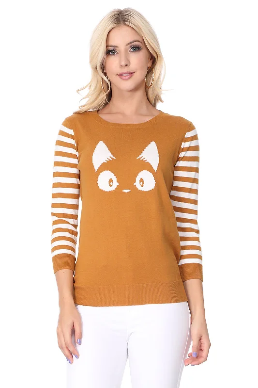 YEMAK Women's Kitty Cat Face 3/4 Sleeve Casual Crewneck Pullover Sweater MK3375 (S-L)