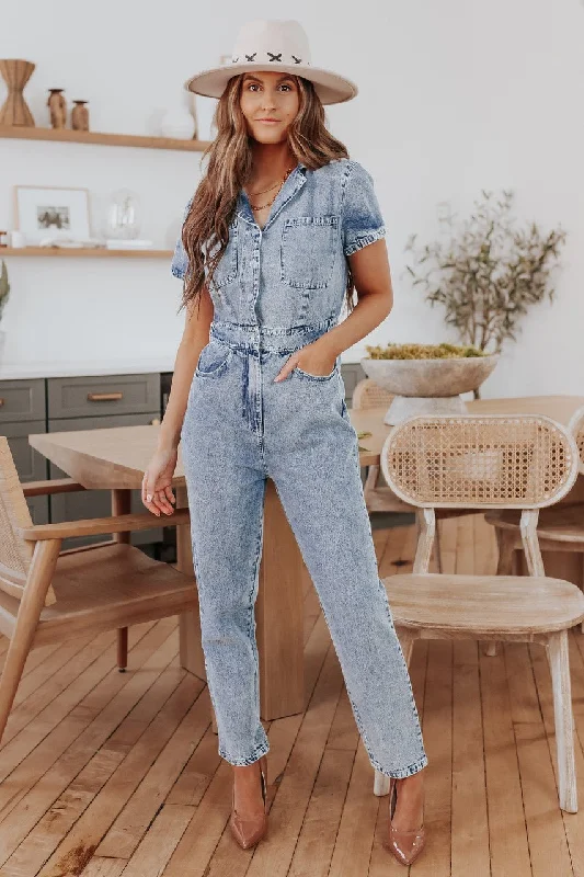 Short Sleeve Medium Wash Jean Jumpsuit - FINAL SALE