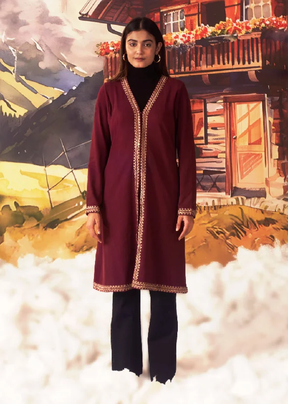 Jia Maroon Embroidered Brushed Wool Shrug for Women