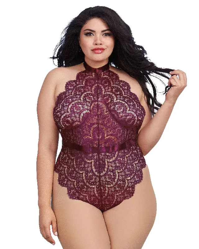 DG RD 11771X Plus Size Eyelash Lace Teddy with Halter Neckline and Thong Back