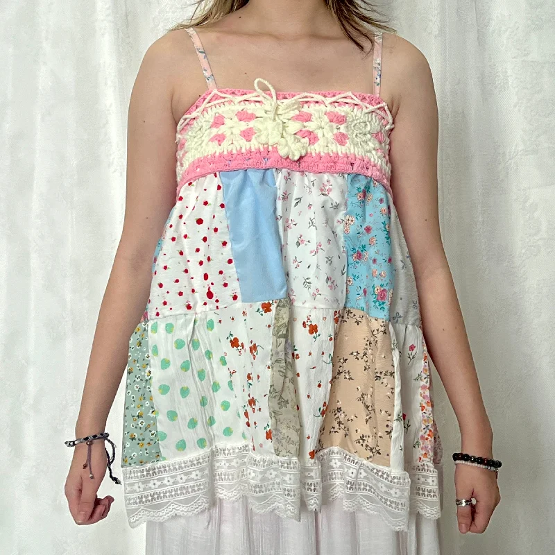 Pink White Crochet Blue Green Patchwork Cami Top