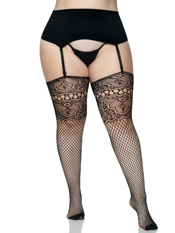 Lace Top Fishnet Backseam Stockings - 1x/2x -  Black