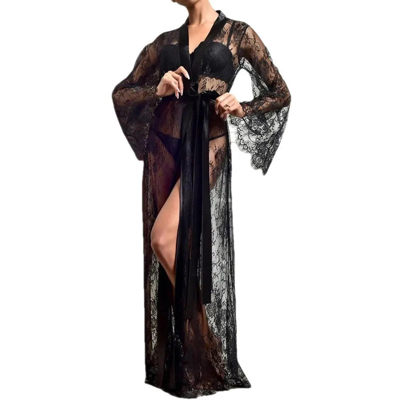 Sexy Lace Long Robe - Hollow Out Nightdress