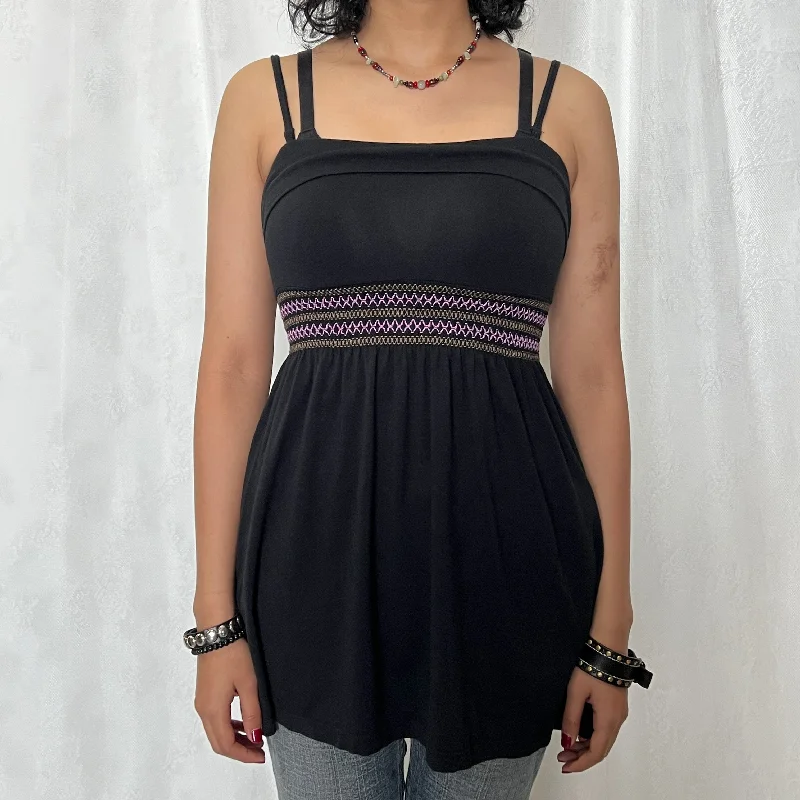 Black Midnight Cotton Purple Embroidery Cami Top