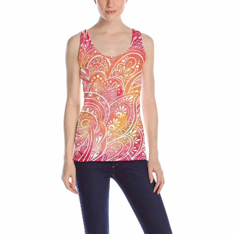 Womens Tank Tops print with red paisley patterns