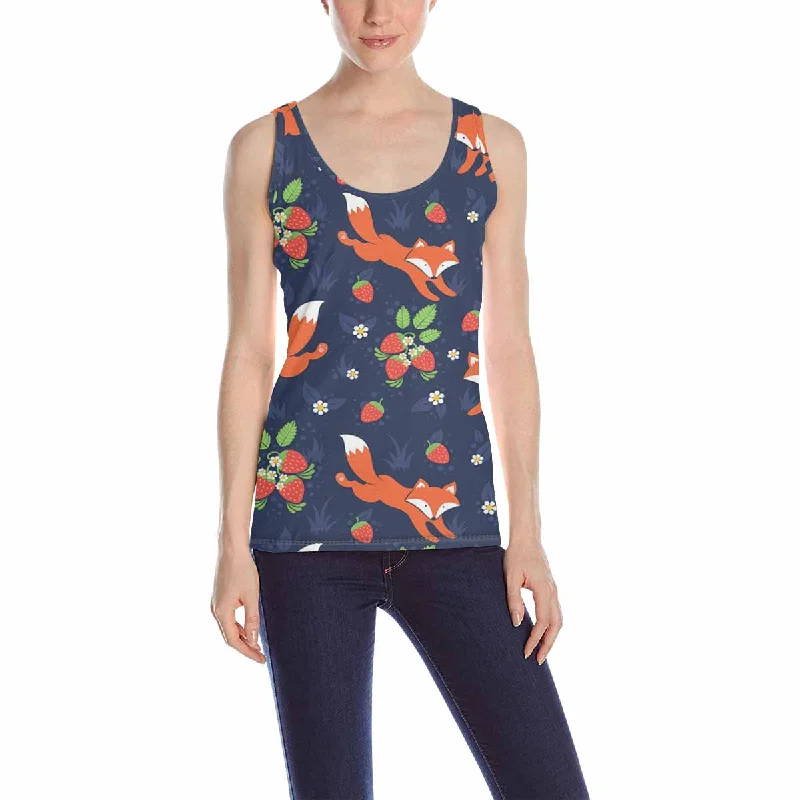 Womens Tank Tops print with cute Foxes and wild strawberries pattern