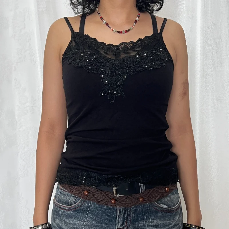 Black Cotton Vic Lace Rhinestone Square Neck Cami Top