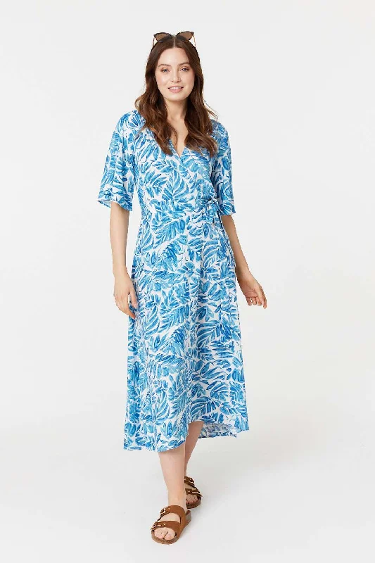 Leaf Print 1/2 Sleeve Wrap Dress