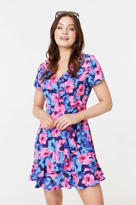 Floral Frill Faux Wrap Short Dress