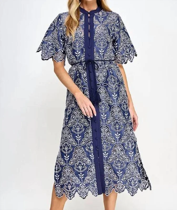 Button Down Eyelet Midi Dress In Navy