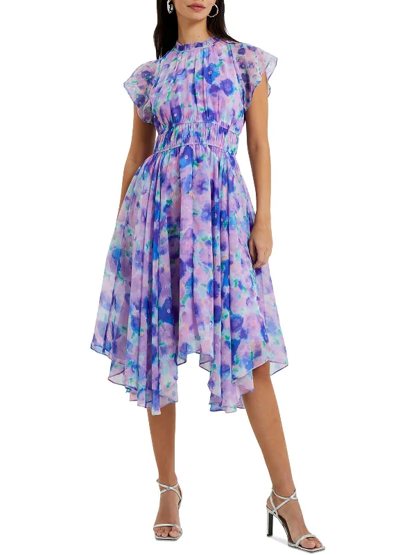 Gretha Crinkle Womens Printed Handkerchief Hem Midi Dress