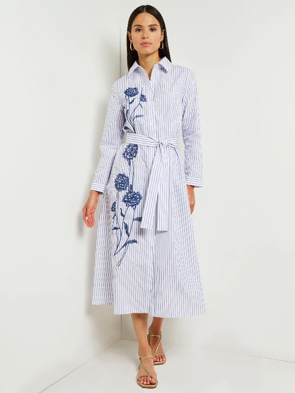 Midi A-Line Shirtdress - Embroidered Cotton Blend