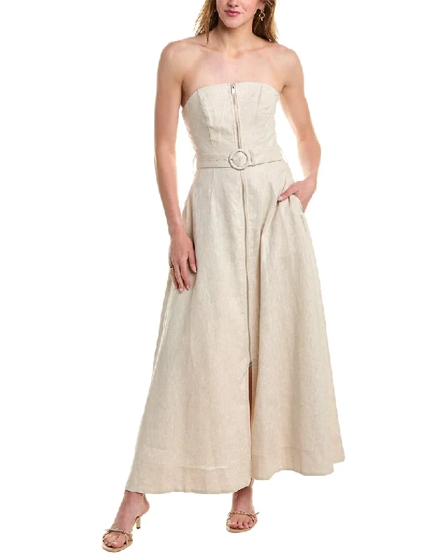 Nicholas Amalthea Strapless Zip Front Belted Linen Midi Dress