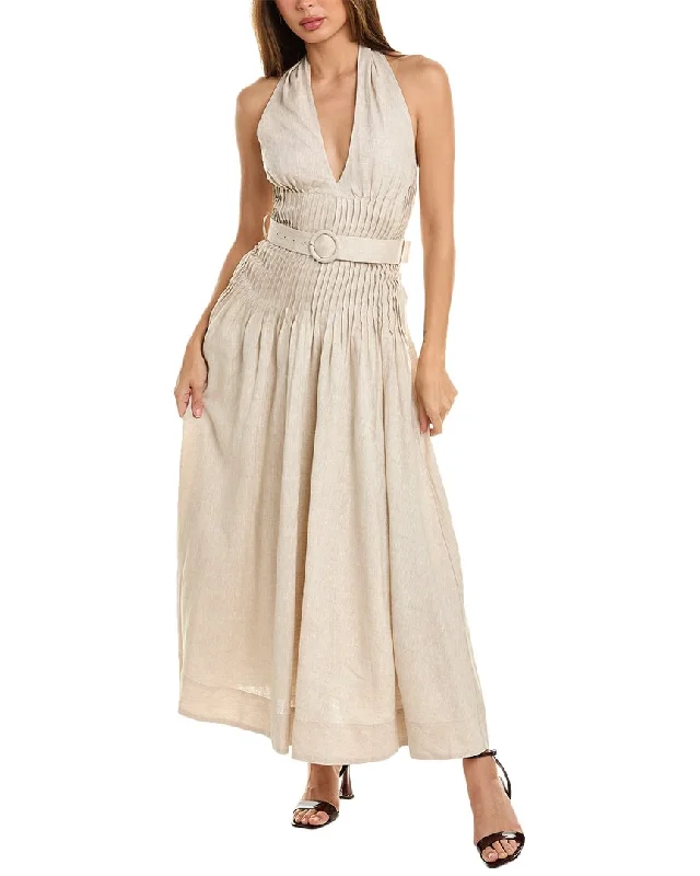 Nicholas Calliope Pintuck Halter Belted Linen Midi Dress