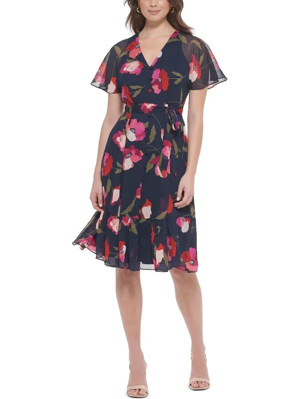 Petites Womens Floral Print Polyester Midi Dress