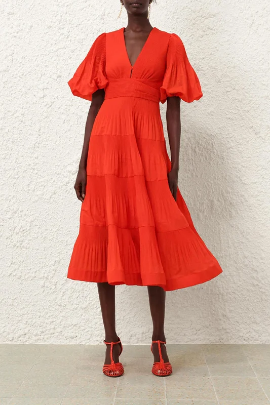 Pleated Midi Dress In Tomato