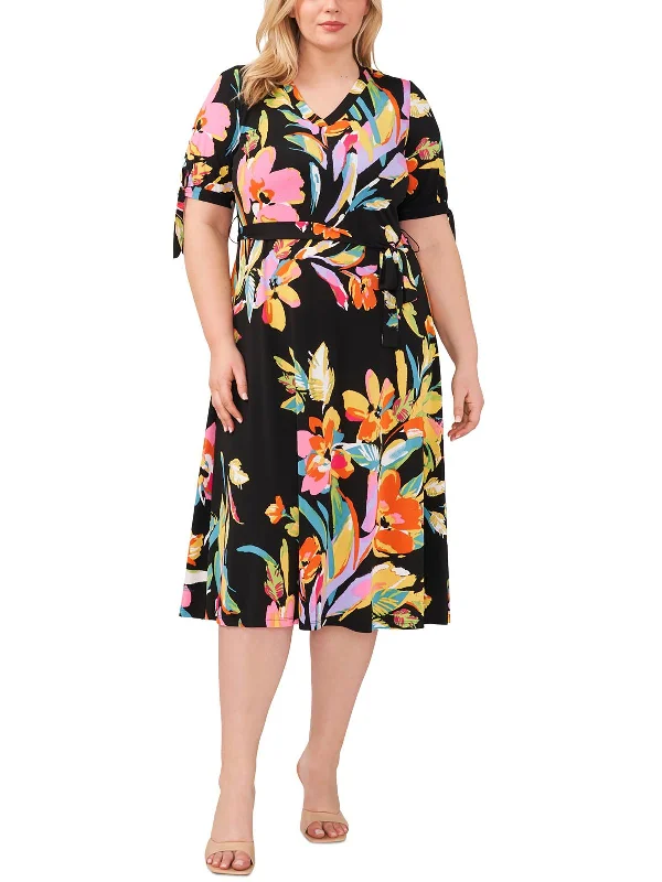 Plus Womens Floral Print Polyester Midi Dress