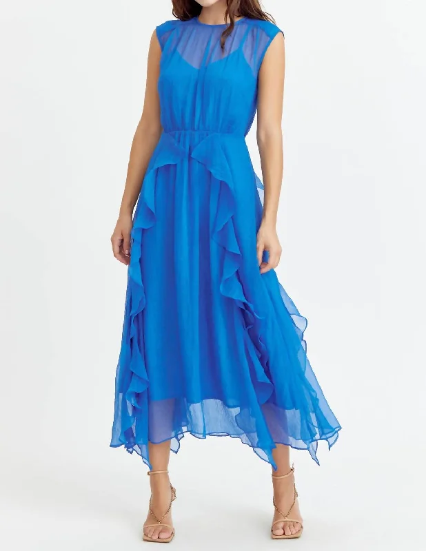 Rosalie Cascading Ruffled Midi Dress In Sea Blue