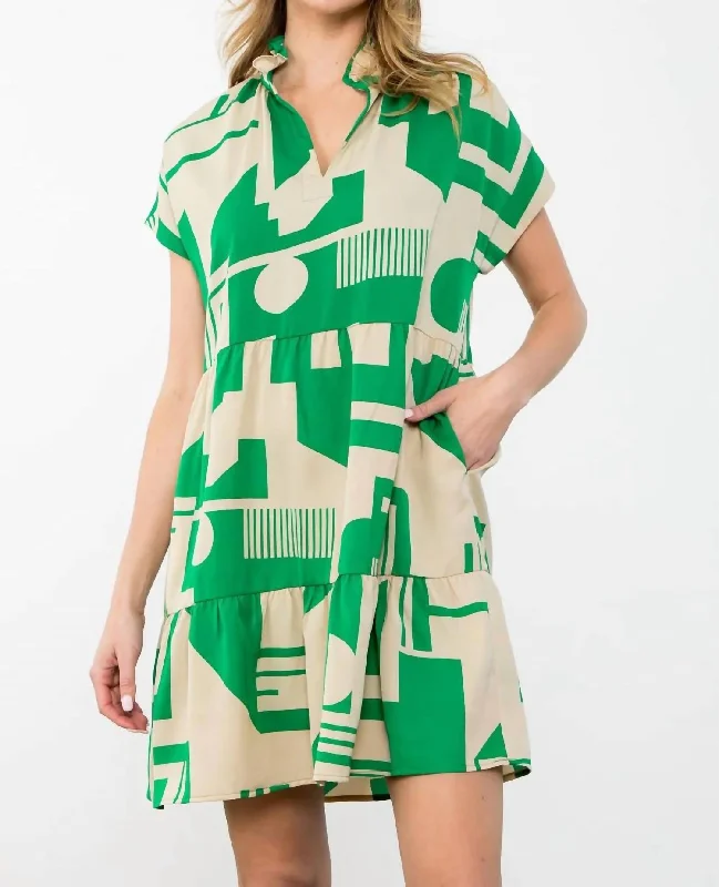 Short Sleeve Print Midi Dress In Green