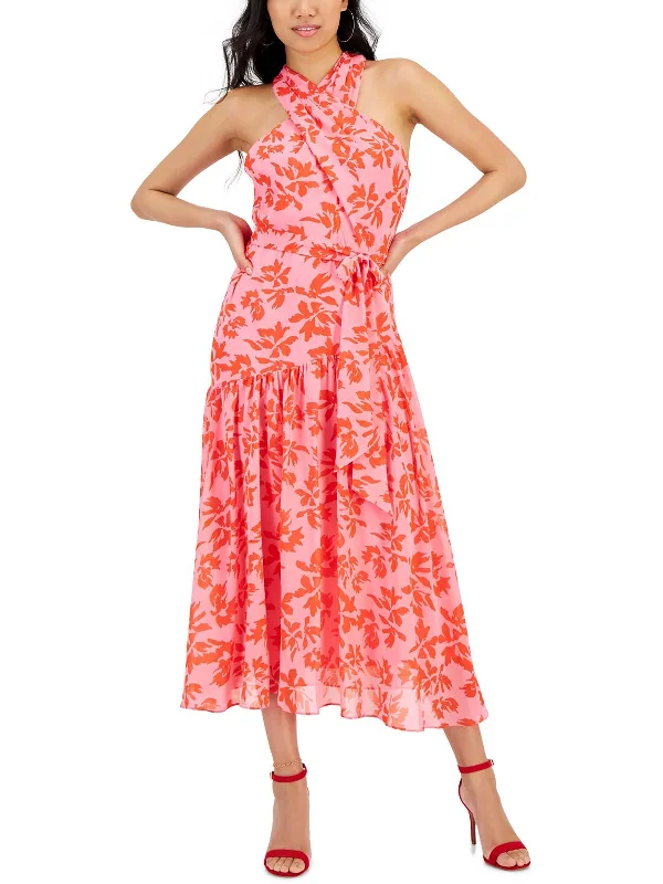 Womens Chiffon Floral Print Midi Dress