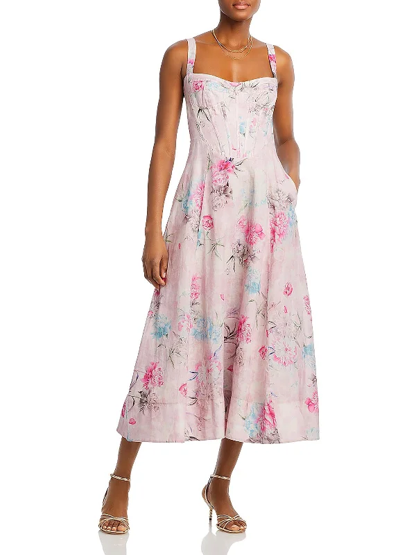 Womens Corset Top Floral Print Midi Dress