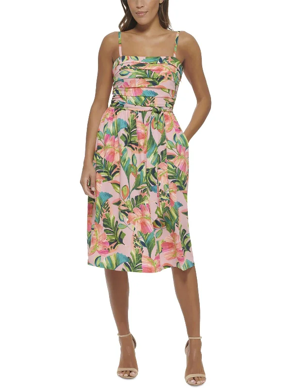 Womens Floral Pleated Midi Dress