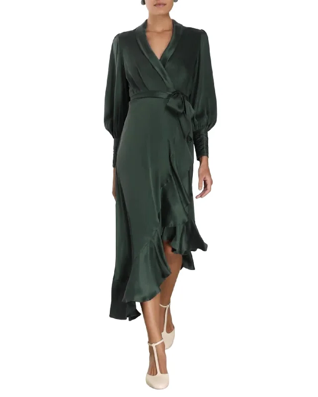 Wrap Midi Dress In Dark Green