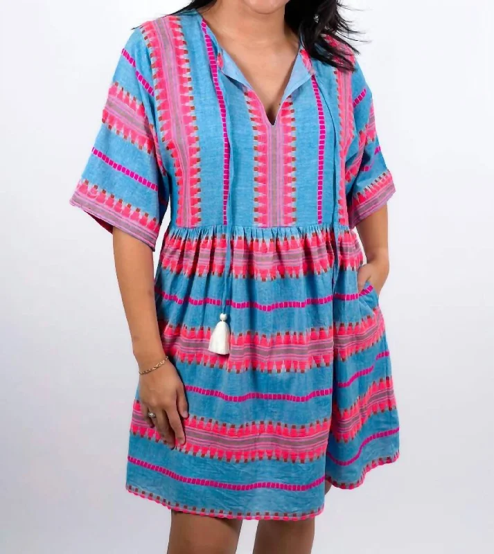 Islander Woven Mini Dress In Pink/blue