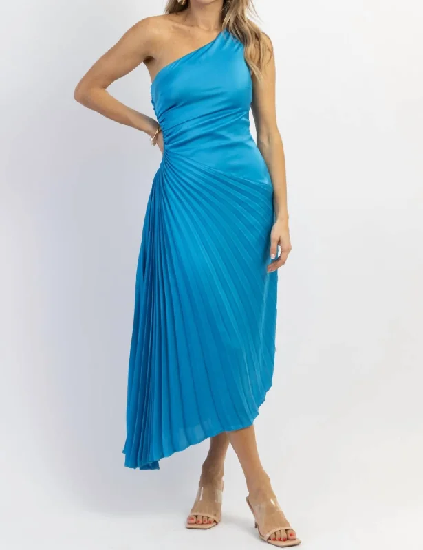 Cayman Pleated Asymm Maxi Dress In Blue