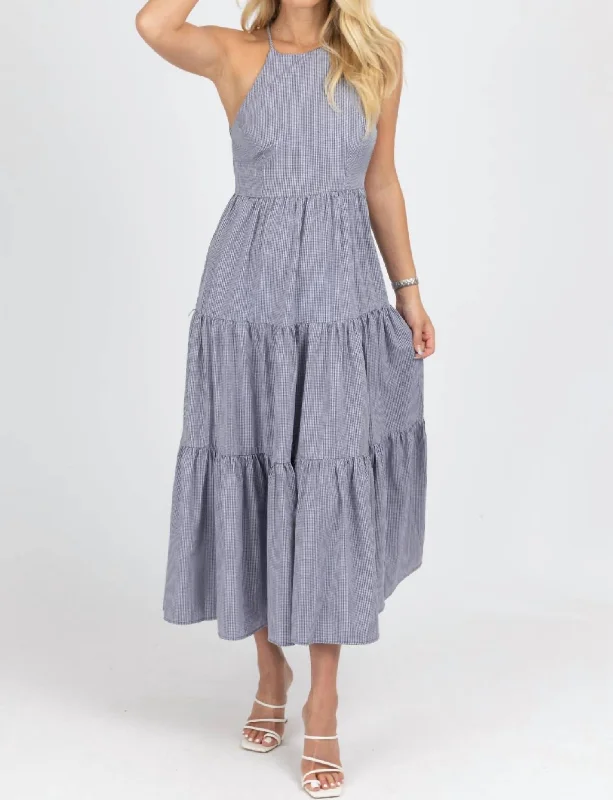 Gingham Tiered Open Back Maxi Dress In Navy