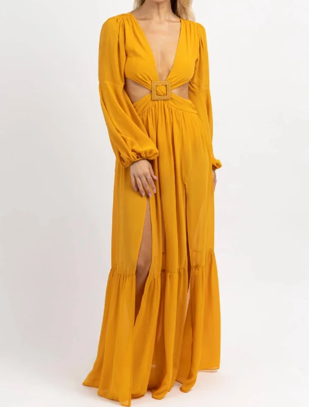 Square Trim High Slit Maxi Dress In Marigold