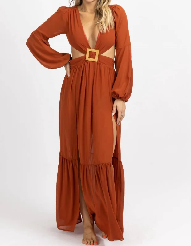 Square Trim High Slit Maxi Dress In Rust