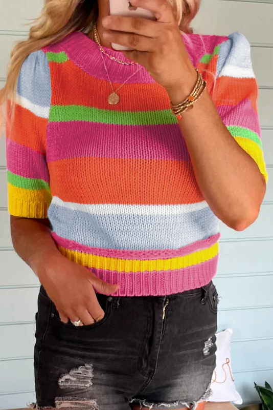 Color Block Cropped Short Sleeve Sweater