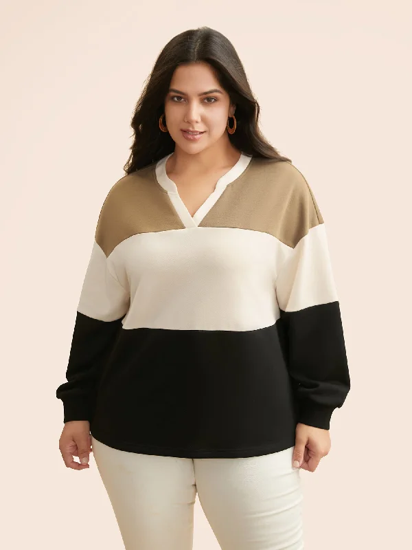 Colorblock Contrast Notched Collar Sweatshirt