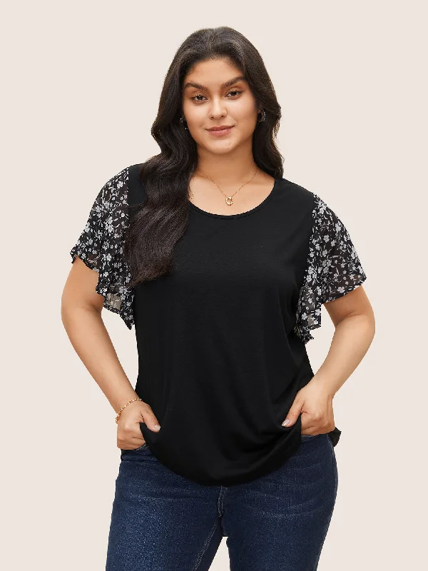 Ditsy Floral Ruffle Sleeve Round Neck T-shirt