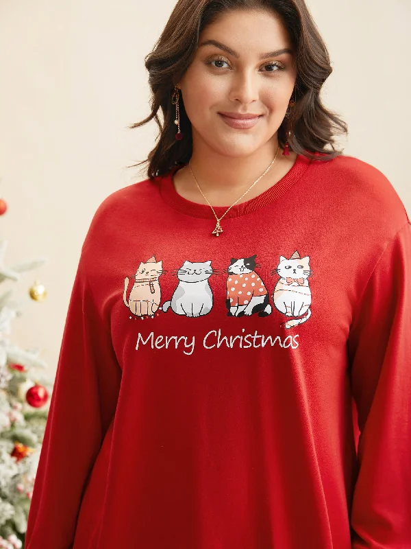 Festive Cats Print Relaxed Fit Sweatshirt