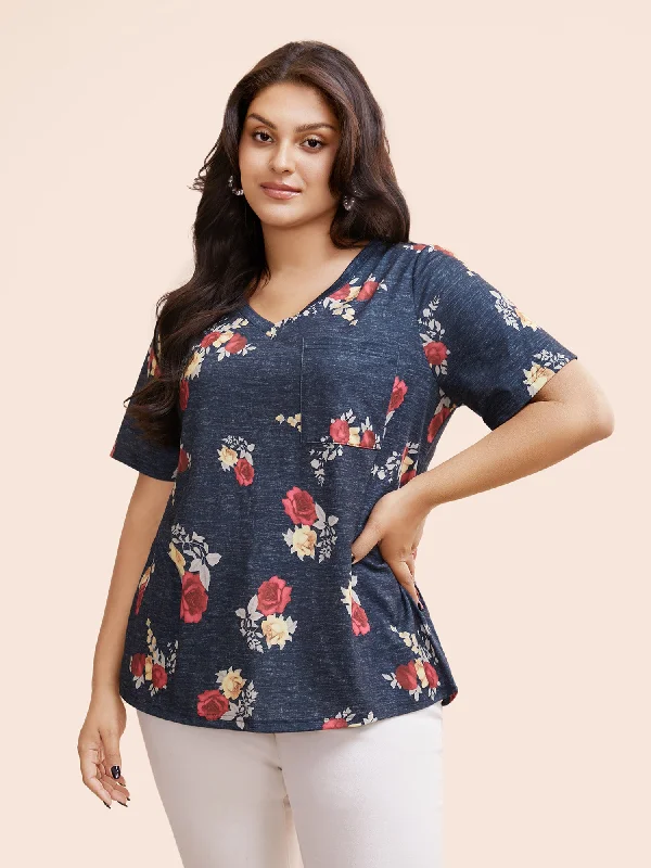 Floral Print Heather Patched Pocket T-shirt