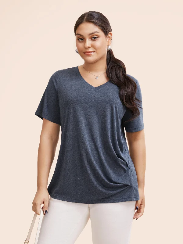 Heather Plicated Detail V Neck Button Detail T-shirt