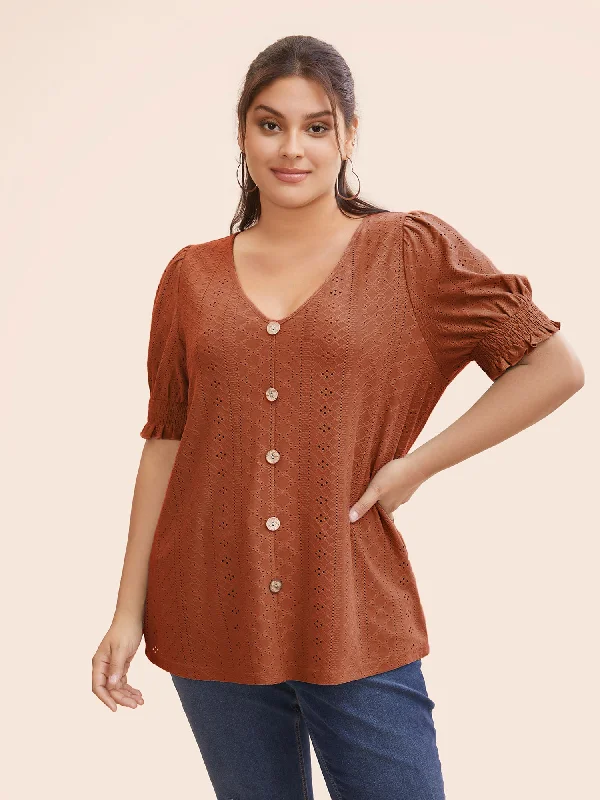 Plain Broderie Anglaise Shirred Puff Sleeve Button Detail T-shirt