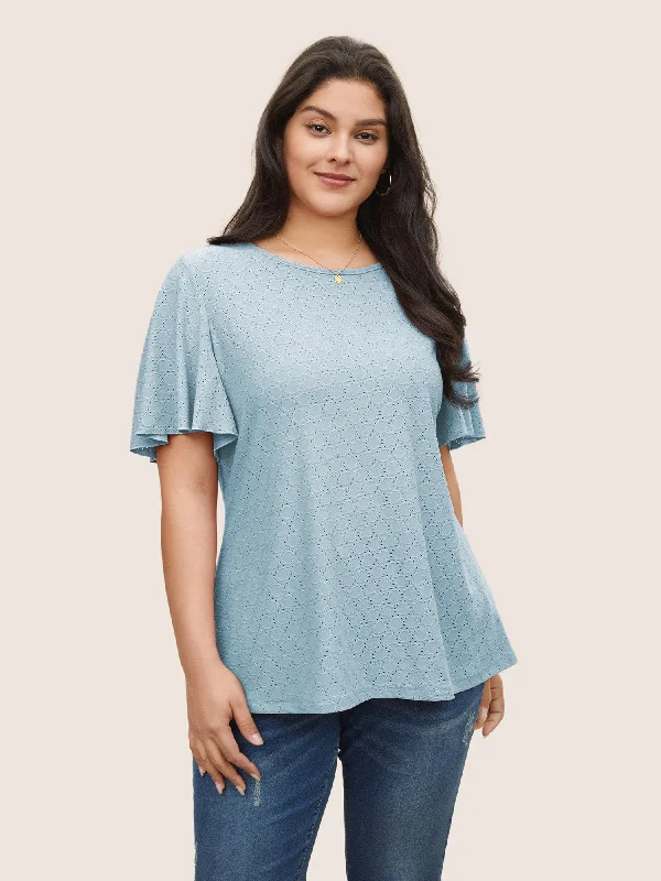 Plain Textured Geometric Flutter Sleeve T-shirt