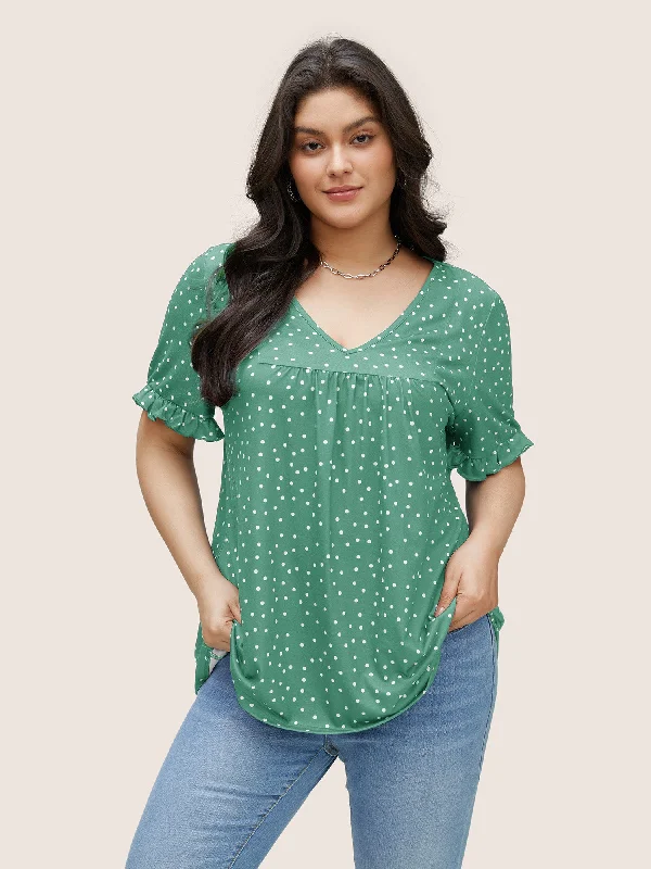 Polka Dot Print Gathered Frill Trim T-shirt