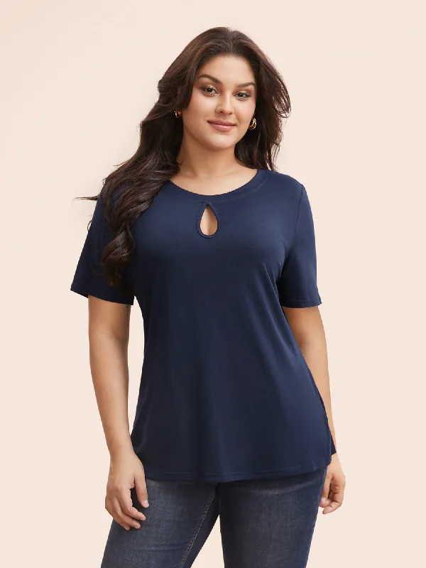 Solid Round Neck Keyhole T-shirt