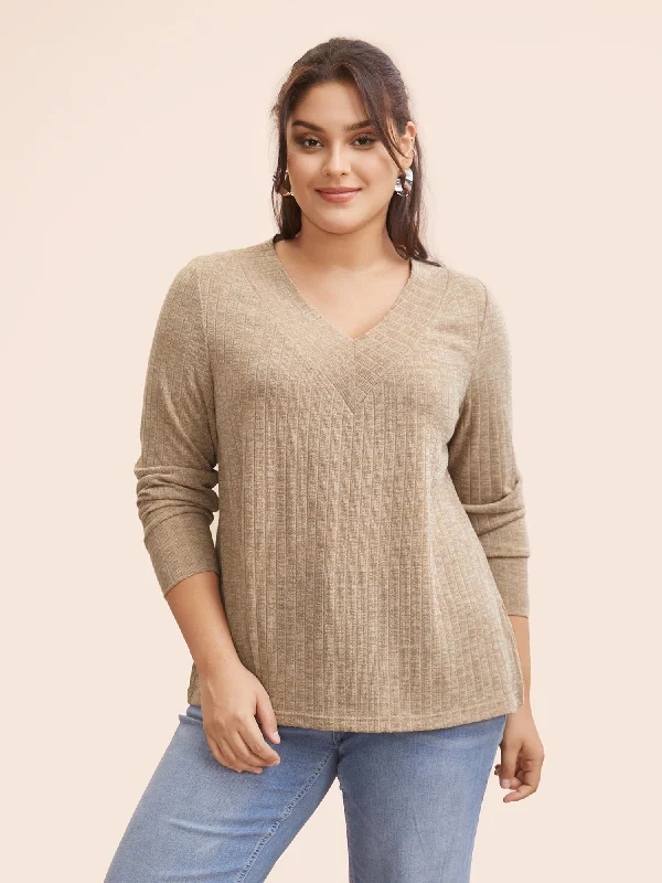 Solid V Neck Rib Knit T-shirt