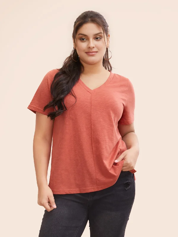 Solid V Neck Split Hem T-shirt