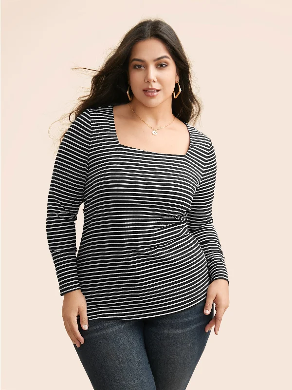 Square Neck Striped Texture T-shirt