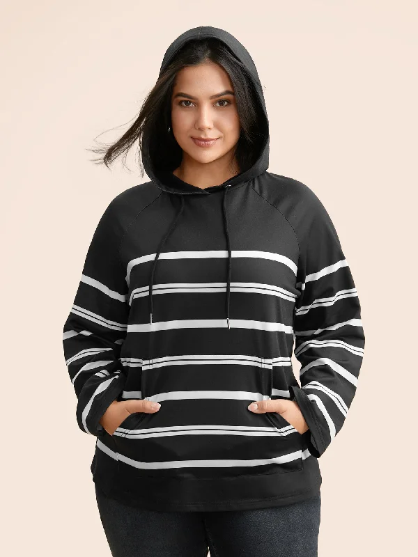 Striped Hooded Drawstring Raglan Sleeve Sweatshirt