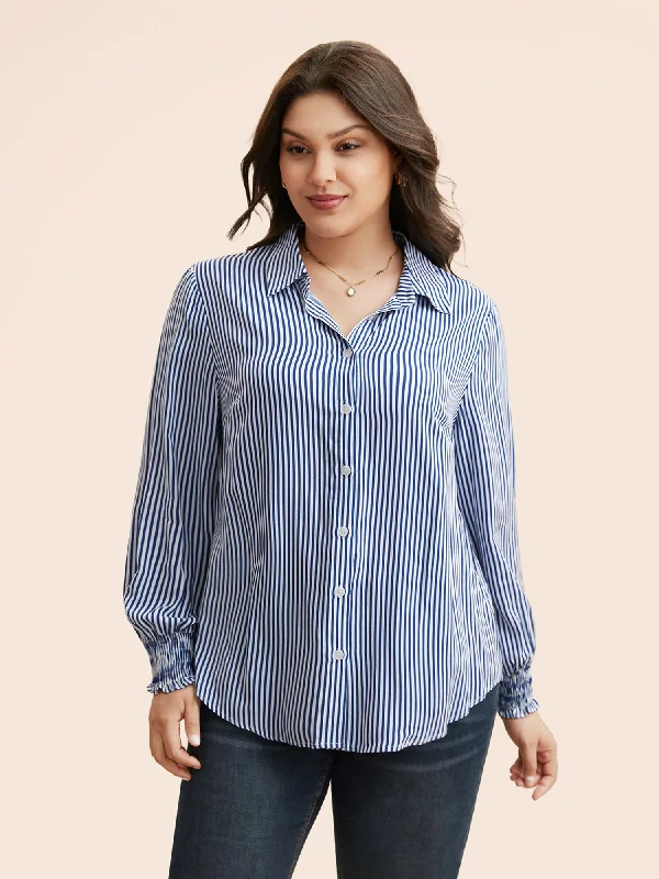 Striped Shirt Collar Shirred Blouse