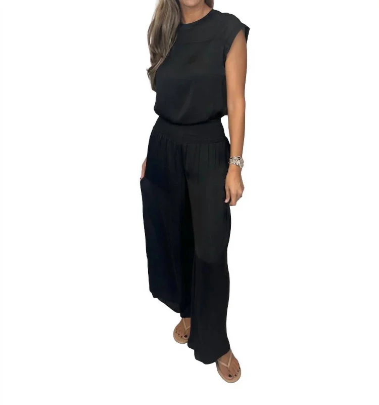 Smocked Waist Satin Wide Leg Pants In Black